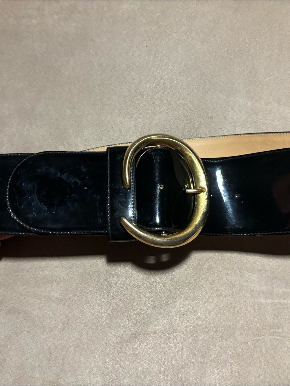 Moda Pelle Black Patent Leather Wide Waist Belt Gold Buckle Size M